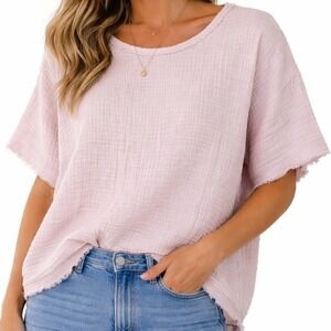Eileen Fisher Organic Cotton Gauze Boxy Top Pink XS/TP Short Sleeve Frayed